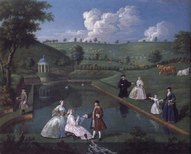 The Brockman Family and Friends at Beachborough Manor the Temple Pond looking towards the Rotunda, Edward Haytley